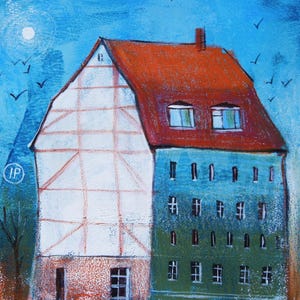 City Painting Cityscape Original Art House Artwork Small Night Acrylic Wall Art 6*6 inches by IrinaPlaksinaArt