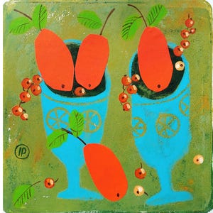 Peaches Painting Fruits Original Art Food Small Wall Art Berries Acrylic 6*6 inches by IrinaPlaksinaArt