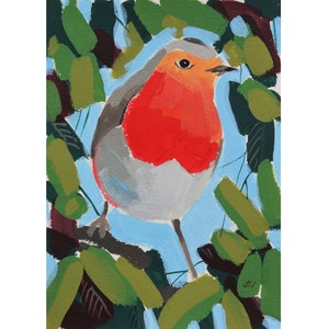 Robin Painting Animal Original Art Bird Small Artwork Acrylic Wall Art 5*7 inches by IrinaPlaksinaArt