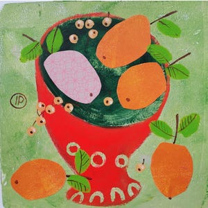 Peaches Painting Fruits Original Art Food Small Wall Art Berries Acrylic 6*6 inches by IrinaPlaksinaArt