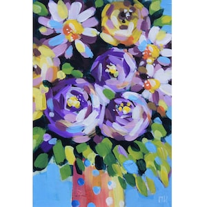 Ramo de rosas con margaritas, arte original para pared, obra de arte acrílica pequeña, 15 x 10 cm, de IrinaPlaksinaArt