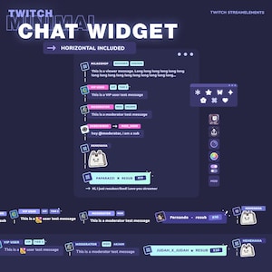 Puede incluir: Gráfico digital para un widget de chat de Twitch, con un diseño minimalista. El widget muestra mensajes de usuario, estado VIP y funciones de moderador. El diseño incluye un fondo púrpura oscuro con texto blanco y azul claro.