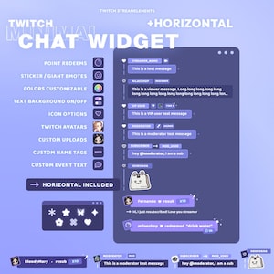 May include: A digital graphic of a Twitch minimal chat widget design. The design includes customisable options for colours, text backgrounds, and icons. The image displays example chat messages and user interactions.