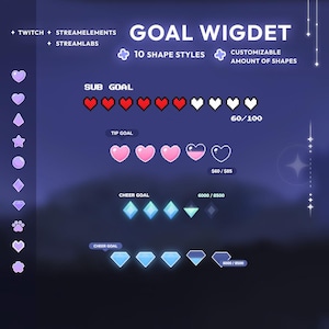 Pode incluir: Gráfico digital com o texto "GOAL WIGDET" e vários rastreadores de metas. Inclui formas de coração, diamante e estrela, com texto indicando "10 SHAPE STYLES" e "CUSTOMIZABLE AMOUNT OF SHAPES". O fundo é um gradiente de azul escuro a roxo.