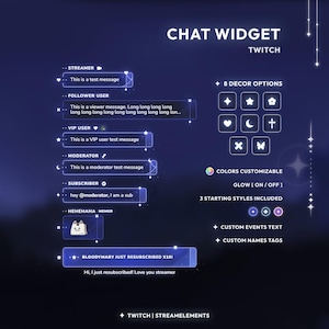 Puede incluir: Gráfico digital para un widget de chat de Twitch, con opciones personalizables. El diseño incluye varios estilos de mensajes de chat, opciones de decoración y personalización de color. El texto en el gráfico incluye "CHAT WIDGET" y "TWITCH".