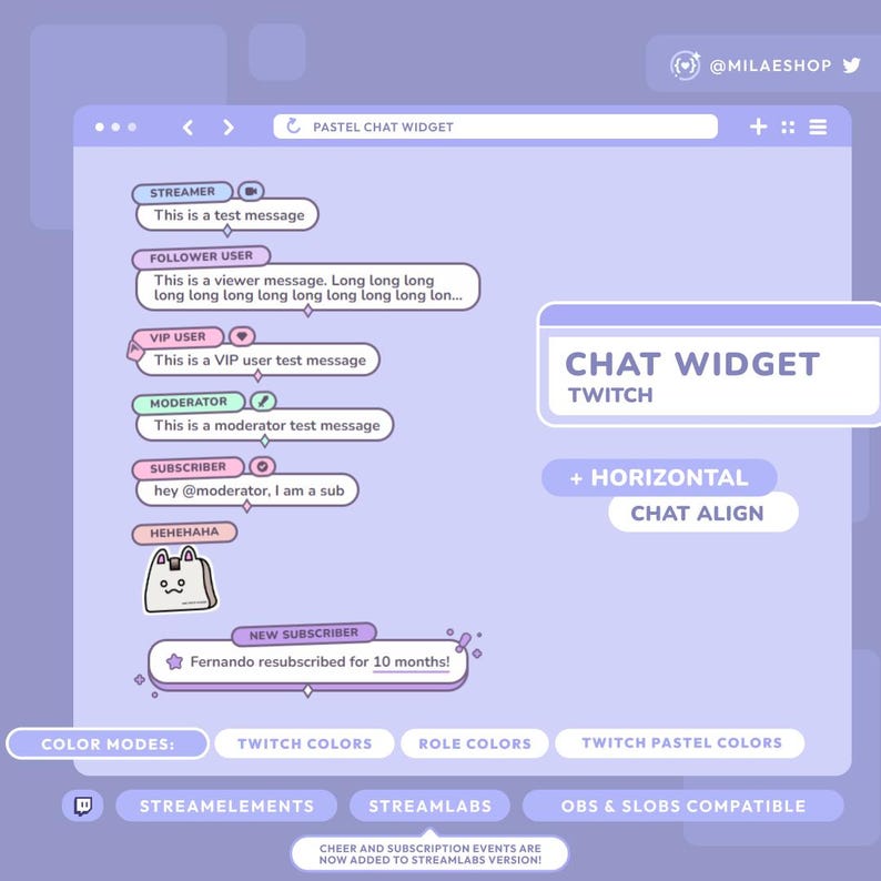 May include: A pastel-themed Twitch chat widget design. The interface displays example chat messages for streamer, follower, VIP user, moderator, and subscriber roles. Includes options for color modes, Twitch colors, and StreamElements compatibility.