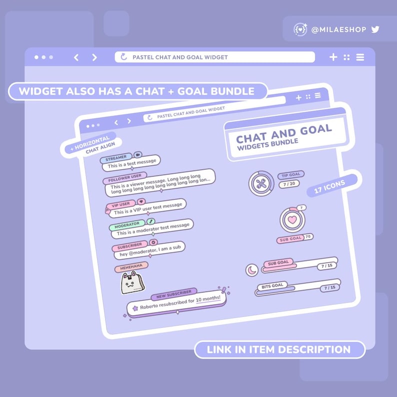 May include: A pastel-colored digital graphic showcasing a "Pastel Chat and Goal Widget" bundle. The design includes chat messages, goal trackers, and a "Chat + Goal Bundle" label. The image also includes the text "Link in item description."