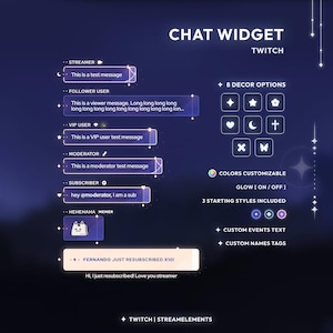 Könnte beinhalten: Eine digitale Grafik für ein Twitch-Chat-Widget, mit einem dunkelblauen Hintergrund und weißem Text und dekorativen Elementen. Das Design umfasst Beispiel-Chat-Nachrichten, Dekorationsoptionen und Anpassungsfunktionen. Der Text lautet "CHAT WIDGET" und "TWITCH".