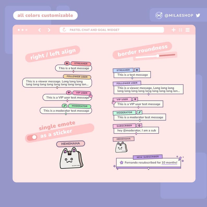 May include: A pastel-colored digital design interface with customizable chat features. The interface includes options for right/left alignment, border roundness, and single emotes as stickers. Text examples include "This is a test message" and "Fernando resubscribed for 10 months!"