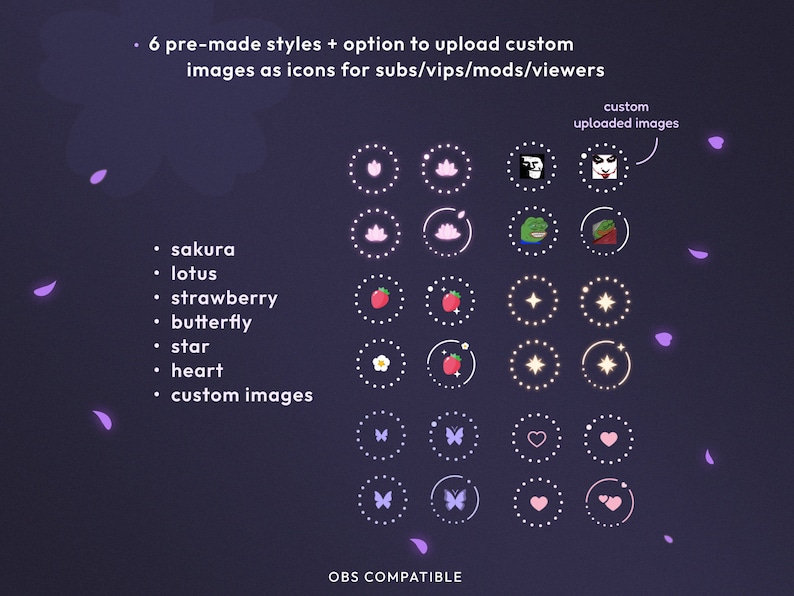 May include: A purple background with a grid of 24 icons. The icons are different styles of circles with various images inside. The icons are labeled with the text "sakura", "lotus", "strawberry", "butterfly", "star", "heart", and "custom images". The text "custom uploaded images" is also visible in the upper right corner of the image. The text "OBS COMPATIBLE" is visible at the bottom of the image.