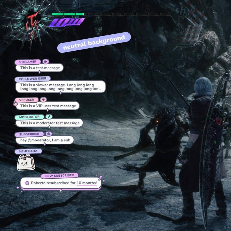 May include: A screenshot from a video game featuring two characters in a dark, detailed environment. Text bubbles display messages like "This is a test message" and "Roberto resubscribed for 10 months!" A neutral background label is also present.