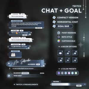 Op de afbeelding: Een digitaal ontwerp voor Twitch-streamers, met chat- en doelelementen. Inclusief opties voor compacte en horizontale chat, een doelbalk, puntinwisselingen, botstijl en aanpassing. Biedt 6 decoratie-opties en 6 kleurenpresets. Tekst: "CHAT + GOAL".