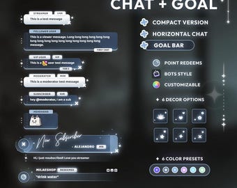 May include: A digital graphic for Twitch streamers, featuring chat and goal elements. Includes options for compact and horizontal chat, a goal bar, point redeems, bot style, and customization. Offers 6 decor options and 6 color presets. Text includes "CHAT + GOAL".