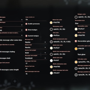 Może przedstawiać: Zrzut ekranu menu ustawień dla aplikacji do czatu. Menu pozwala użytkownikom na dostosowanie wyglądu wiadomości czatu, w tym czcionki, koloru i rozmiaru. Menu pozwala r&oacute;wnież użytkownikom na dostosowanie wyglądu odznak, alert&oacute;w i dekoracji.