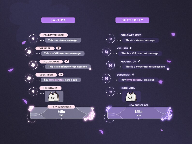 May include: Two purple and white animated chat boxes with different themes, Sakura and Butterfly. Each box has a series of chat messages with different user roles, including follower, VIP, moderator, and subscriber. The boxes also feature a new subscriber notification with the name Mila and the number 10.