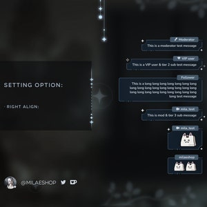Może przedstawiać: Ciemnoniebieski ekran z białym prostokątem, na kt&oacute;rym widnieje napis "SETTING OPTION: RIGHT ALIGN:" oraz białym prostokątem z tekstem "@MILAESHOP" i ikonami medi&oacute;w społecznościowych. Na ekranie znajdują się r&oacute;wnież białe prostokąty z tekstem "Moderator", "VIP user", "Follower", "mila test" i "milaeshop".