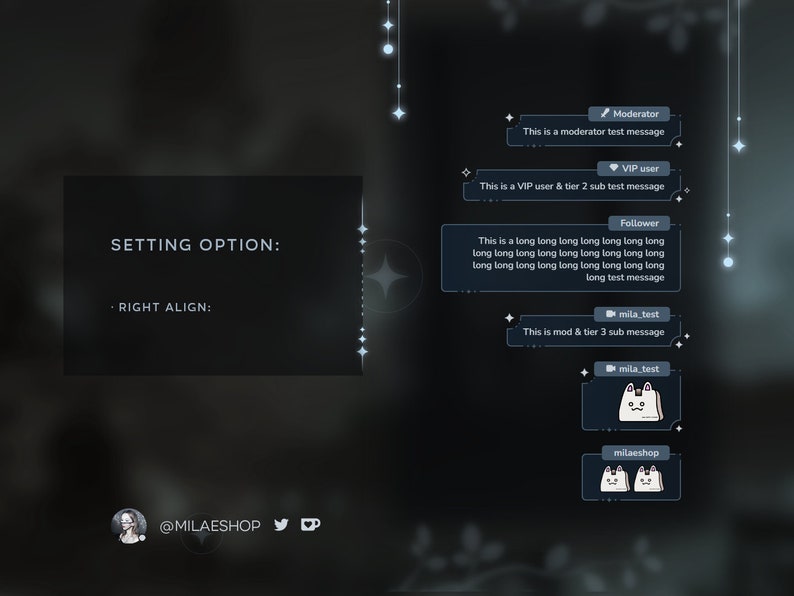Może przedstawiać: Ciemnoniebieski ekran z białym prostokątem, na kt&oacute;rym widnieje napis "SETTING OPTION: RIGHT ALIGN:" oraz białym prostokątem z tekstem "@MILAESHOP" i ikonami medi&oacute;w społecznościowych. Na ekranie znajdują się r&oacute;wnież białe prostokąty z tekstem "Moderator", "VIP user", "Follower", "mila test" i "milaeshop".