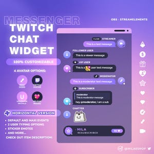 Messenger chat widget | Twitch avatars | HORIZONTAL included | Twitch OBS SLOBS StreamElements