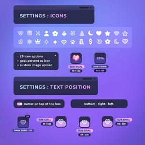 K&ouml;nnte beinhalten: Ein Screenshot eines Einstellungsmen&uuml;s f&uuml;r eine Social-Media-App. Das Men&uuml; bietet Optionen zur Anpassung des Aussehens einer Fortschrittsleiste. Der Benutzer kann aus 26 verschiedenen Symbolen w&auml;hlen, einen Zielprozentsatz festlegen oder ein benutzerdefiniertes Bild hochladen. Der Benutzer kann auch w&auml;hlen, wo der Text auf der Fortschrittsleiste positioniert wird. Der Text kann oben auf dem Feld, unten, rechts oder links platziert werden.