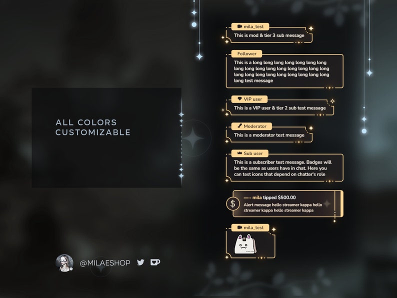 Może przedstawiać: Dostosowywany nakładkowy interfejs czatu Twitch z r&oacute;żnokolorowymi okienkami czatu dla r&oacute;żnych r&oacute;l użytkownik&oacute;w, w tym obserwujących, użytkownik&oacute;w VIP, moderator&oacute;w i subskrybent&oacute;w. Nakładka zawiera r&oacute;wnież powiadomienie o napiwku i niestandardową emotkę. Tekst "WSZYSTKIE KOLORY DOSTOSOWYWALNE" jest wyświetlany u g&oacute;ry obrazu.