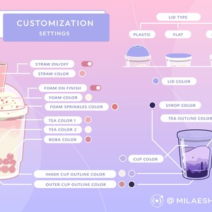 May include: Customization options for a bubble tea drink.  Choose from a variety of colors for the straw, foam, sprinkles, tea, boba, syrup, cup, and lid.  Select a lid type: plastic, flat, or no lid.  The image shows a pink and white bubble tea with a white lid and a straw.