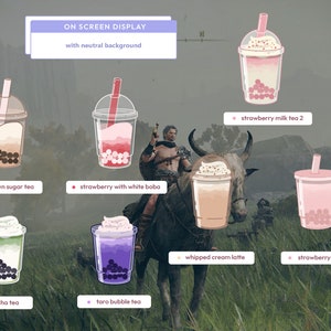 May include: Illustration of ten different bubble tea drinks with names and descriptions. The drinks include brown sugar tea, strawberry with white boba, matcha tea, taro bubble tea, strawberry milk tea, strawberry milk tea 2, and whipped cream latte.