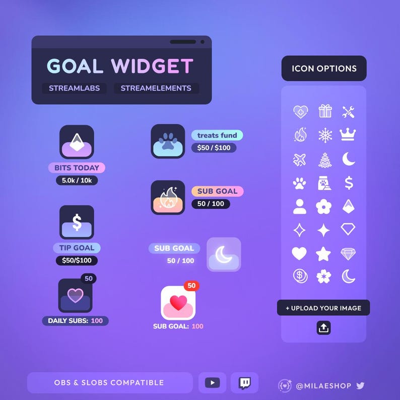 K&ouml;nnte beinhalten: Ein violetter und blauer Verlaufshintergrund mit einem schwarzen Kasten, der den Text "GOAL WIDGET" und die W&ouml;rter "STREAMLABS" und "STREAMELEMENTS" enth&auml;lt. Unter dem Kasten befinden sich mehrere farbige Quadrate mit Symbolen und Text, wie z. B. "BITS TODAY", "TIP GOAL", "SUB GOAL" und "DAILY SUBS". Auf der rechten Seite des Bildes befindet sich ein wei&szlig;er Kasten mit dem Text "ICON OPTIONS" und einem Raster mit wei&szlig;en Symbolen. Der Text "+ UPLOAD YOUR IMAGE" befindet sich unter dem Raster mit Symbolen.