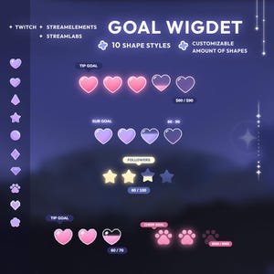 May include: Digital graphic with the text "GOAL WIGDET" and various shapes, including hearts, stars, and paw prints. The image features customizable shapes and is designed for Twitch, StreamElements, and Streamlabs.