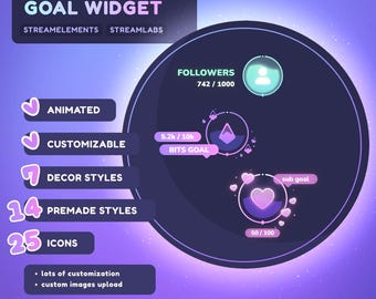May include: A purple and pink animated goal widget for Twitch streamers. The widget features a customizable design with 14 premade styles, 25 icons, and lots of customization options. It is compatible with OBS and SLOBS.