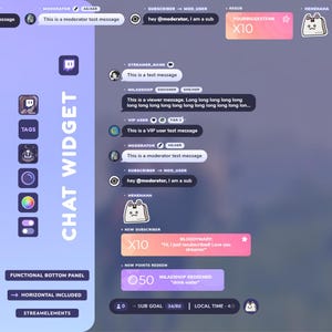 Könnte beinhalten: Eine digitale Chat-Widget-Oberfläche mit einem lila und blauen Farbschema. Das Widget zeigt verschiedene Chat-Nachrichten, Benutzertags und interaktive Elemente an. Text enthält "CHAT WIDGET", "MODERATOR" und "SUBSCRIBER".