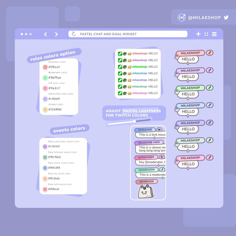 May include: A pastel-colored digital graphic with a user interface design for Twitch streaming. The design includes chat bubbles, color options, and a goal widget. Text includes "PASTEL CHAT AND GOAL WIDGET" and "MILAESHOP".