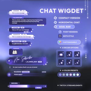 May include: A digital graphic showcasing "CHAT WIGDET" with chat features like "Compact Version" and "Horizontal Chat." It highlights a "Goal Bar," customizable options, decor choices, and colour presets. The design includes a Twitch/StreamElements logo.