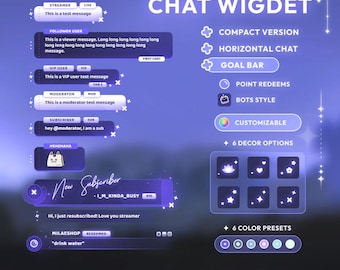 May include: A digital graphic with the text "CHAT WIGDET" and various chat elements. Features include "Compact Version," "Horizontal Chat," and "Goal Bar." The design includes customizable options, decor choices, and color presets, with a Twitch/StreamElements logo.