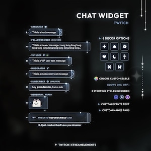 Puede incluir: Un diseño de widget de chat digital para streams de Twitch. La imagen muestra ejemplos de mensajes de chat, opciones de decoración y funciones de personalización. El texto incluye "CHAT WIDGET" y "TWITCH".