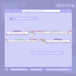 May include: A pastel-colored digital interface with a chat and goal widget design. The interface includes text elements such as "Horizontal Align" and "Right / Left Messages Spawn". The design is compatible with StreamElements, Streamlabs, and OBS & SLOBS.