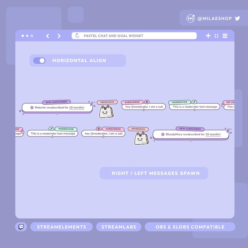 May include: A pastel-colored digital interface with a chat and goal widget design. The interface includes text elements such as "Horizontal Align" and "Right / Left Messages Spawn". The design is compatible with StreamElements, Streamlabs, and OBS & SLOBS.