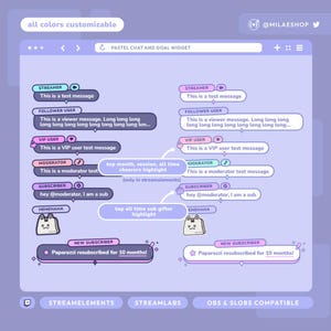 May include: A pastel-colored digital interface design for a streaming overlay, featuring chat bubbles, user notifications, and customizable elements. The design includes text such as "STREAMER," "FOLLOWER USER," and "NEW SUBSCRIBER."