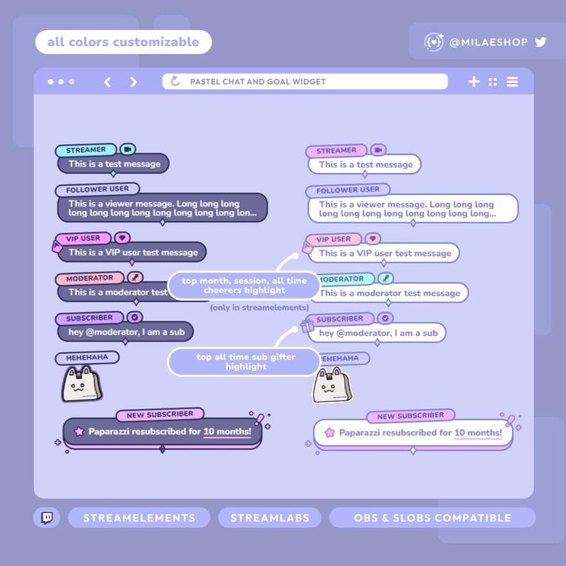May include: A pastel-colored digital interface design for a streaming overlay, featuring chat bubbles, user notifications, and customizable elements. The design includes text such as "STREAMER," "FOLLOWER USER," and "NEW SUBSCRIBER."