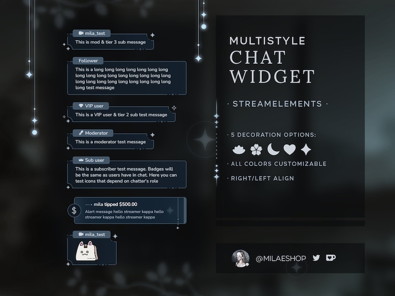 Może przedstawiać: Szary widget czatu z białym tekstem nałożonym na wierzch. Tekst brzmi "MULTISTYLE CHAT WIDGET" i "STREAMELEMENTS". Widget ma pięć opcji dekoracji: kwiat lotosu, kwiat wiśni, sierp księżyca, serce i diament. Tekst zawiera r&oacute;wnież "WSZYSTKIE KOLORY DOSTĘPNE DO PERSONALIZACJI" i "WYR&Oacute;WNANIE PRAWE/LEWE".
