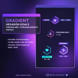 May include: Gradient hexagon goals for Twitch streams. Customizable colors and 16 pre-made icon options. Upload your own image as a goal icon. OBS compatible. @milaeshop