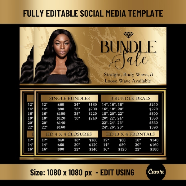 Hair Bundle Price List, Hair Price List, Hair Sale, Wig Flyer, Hair Extensions, Bundle Deal, Beauty Template, Hair Salon, Canva Template