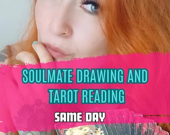 Può includere: Una donna con i capelli rossi e un piercing al naso tiene un mazzo di carte dei tarocchi. Il testo sull'immagine dice "Soulmate Drawing and Tarot Reading Same Day."