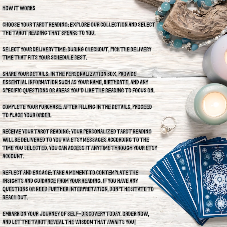 May include: Image with text describing the process of ordering a tarot reading. The steps include choosing a reading, selecting a delivery time, providing details, completing the purchase, and receiving the reading via Etsy messages. A deck of blue tarot cards is visible.
