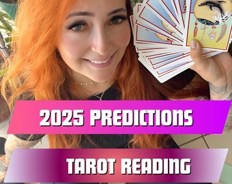 May include: A woman with red hair is holding a spread of tarot cards. The top card shows a dolphin and the text "40 Golfinho". The text "2025 PREDICTIONS TAROT READING" is displayed on a pink and purple background.