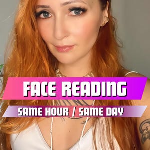 May include: A woman with long, red hair is looking at the camera. She is wearing a white top and a necklace. The text "FACE READING SAME HOUR / SAME DAY" is displayed in a pink and purple banner.