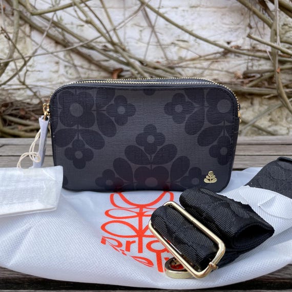 Orla Kiely Style Crossbody Bag — Black & White Floral Cotton