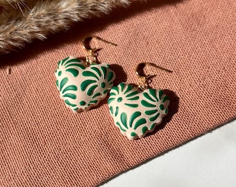 Hand-Painted Talavera Heart Earrings: Mexican Floral Polymer Clay, Gold Plated, Hispanic Pottery Inspired