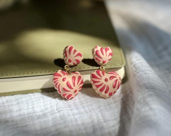 Small Talavera Heart Dangle Earrings: Hand-Painted Polymer Clay, Latin Floral