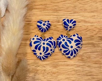 Large Talavera Heart Dangle Earrings: Hand-Painted Polymer Clay, Mexican Floral