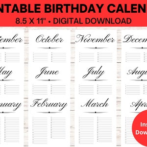 Birthday Calendar Printable, Perpetual Birthday Calendar, Birthday Reminder, Birthday Tracker, Printable Birthday List, Birthday Calendar